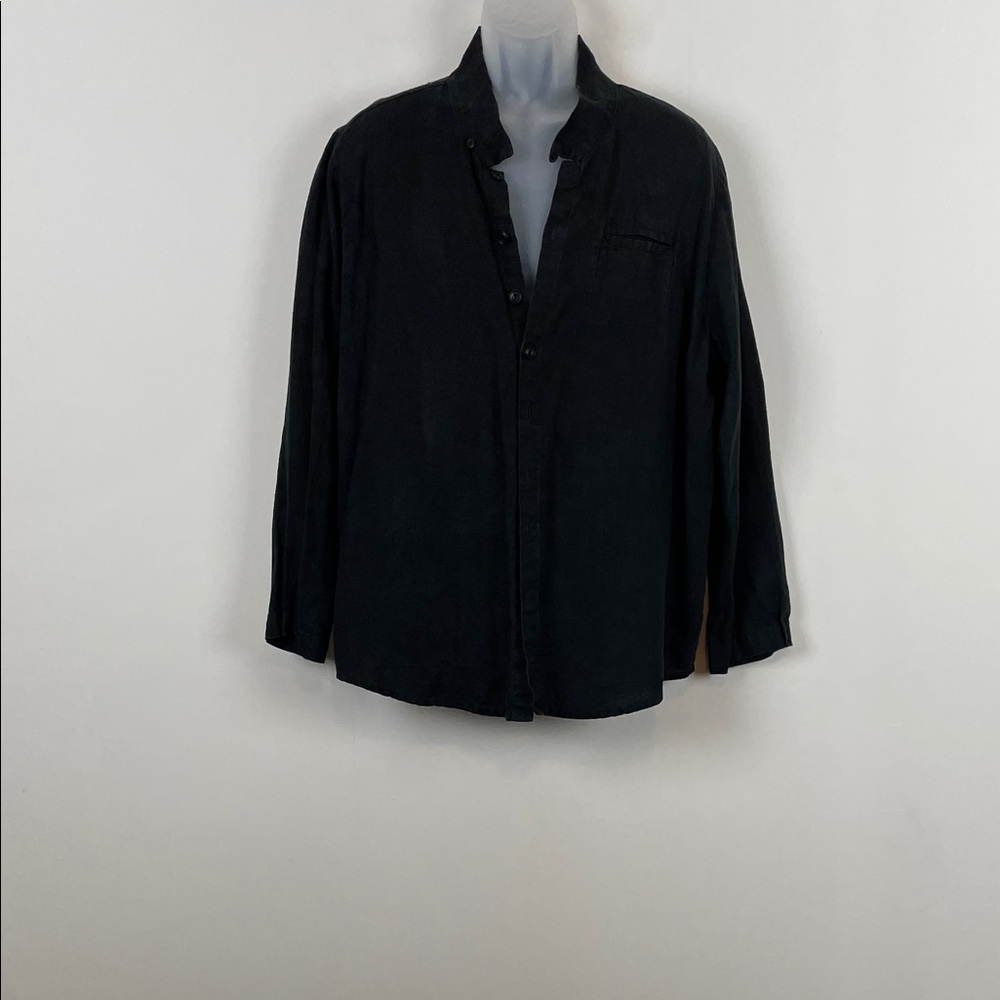 FLAX Linen Long Sleeve Grandfather Collared Button Men M Relaxed Casual Shirt
